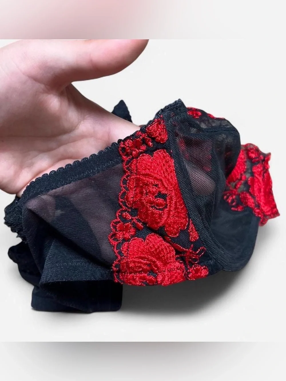 Vintage Victoria Secret red rose embroidered black mesh bralette